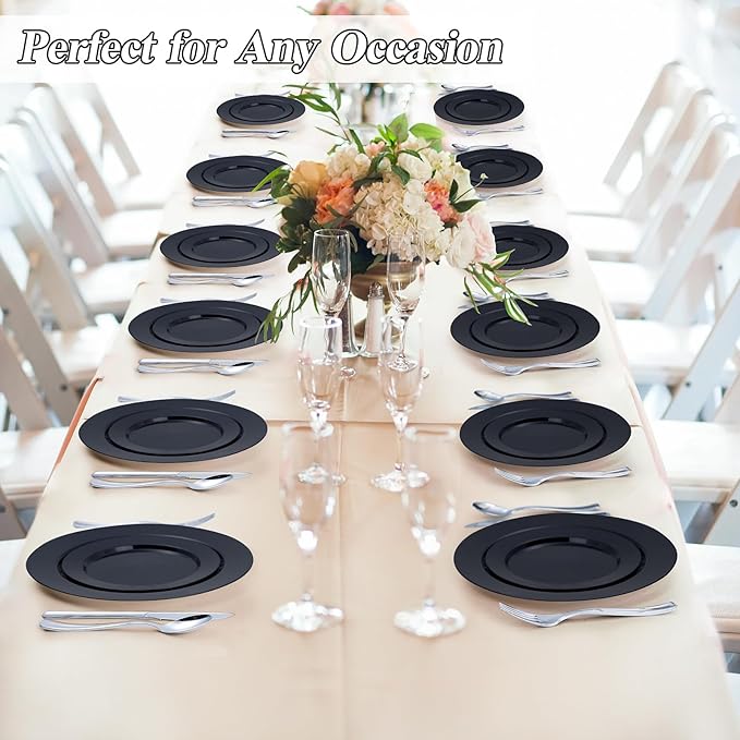 100PCS Black Plastic Plates Set, 50 10.25 inch Dinner Plates and 50 7.5 inch ...