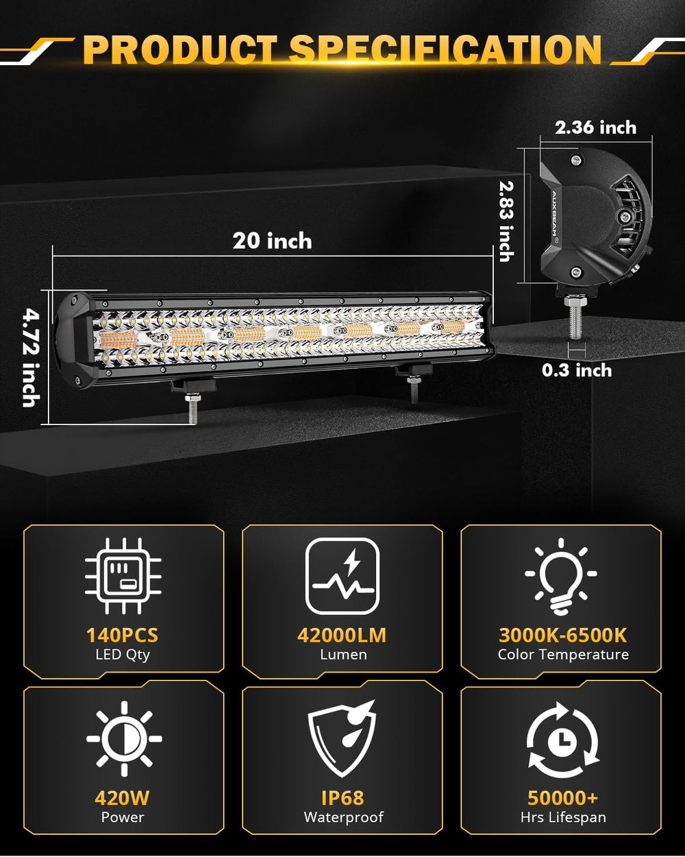 Auxbeam LED Light Bar 20 Inch 420W 6 Modes Strobe Amber White Offroad Light