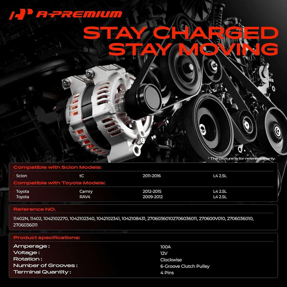 A-Premium Alternator, 12V 100A 6-Groove Clutch Pulley Clockwise