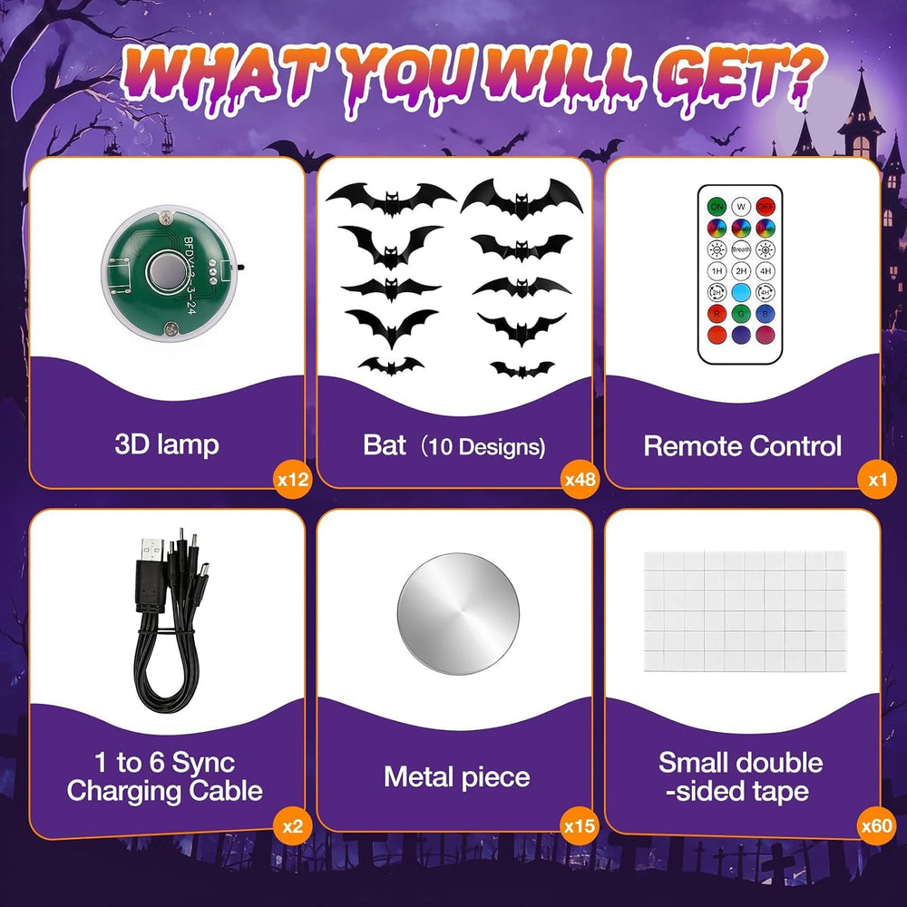 LUDILO 48P Bats Halloween Decorations + 12P Rechargeable Lights with Remote
