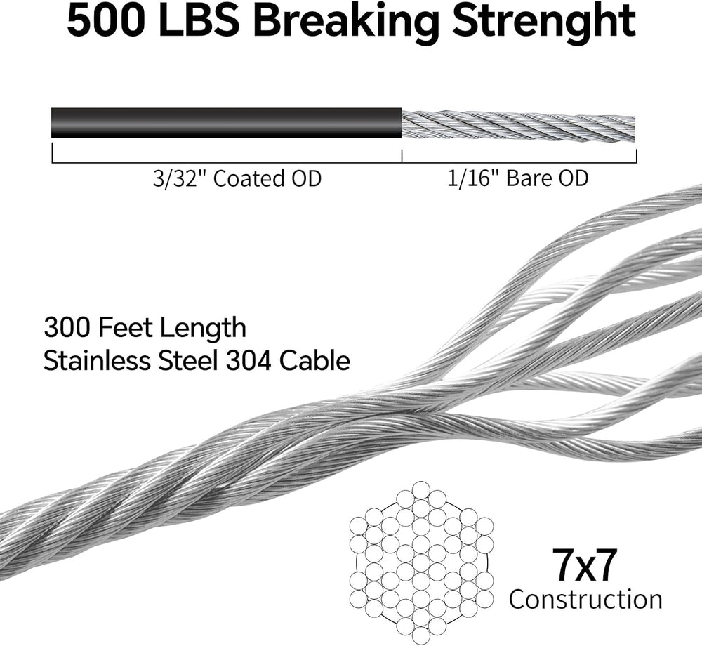 UZE String Light Hanging Kit, 300 FT Coated Stainless Steel 304 Wire Rope