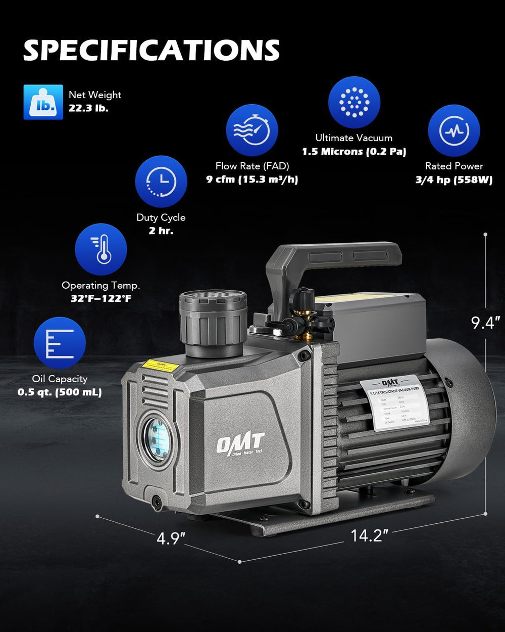 OMT 9 CFM 2 Stage Rotary Vane Vacuum Pump for R12 R22 R134a R410a