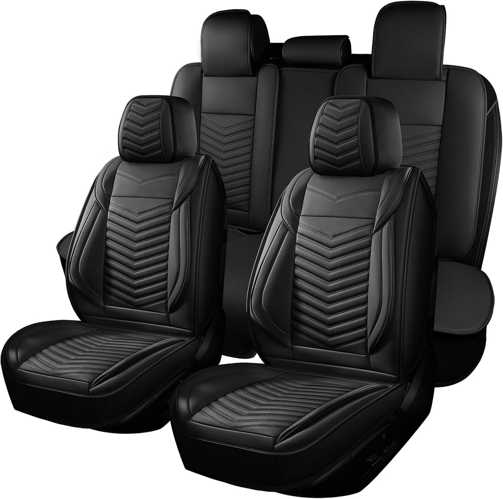 HChengkikz Nappa Leather Car Seat Covers Full Set, Black Car seat Protector 5...
