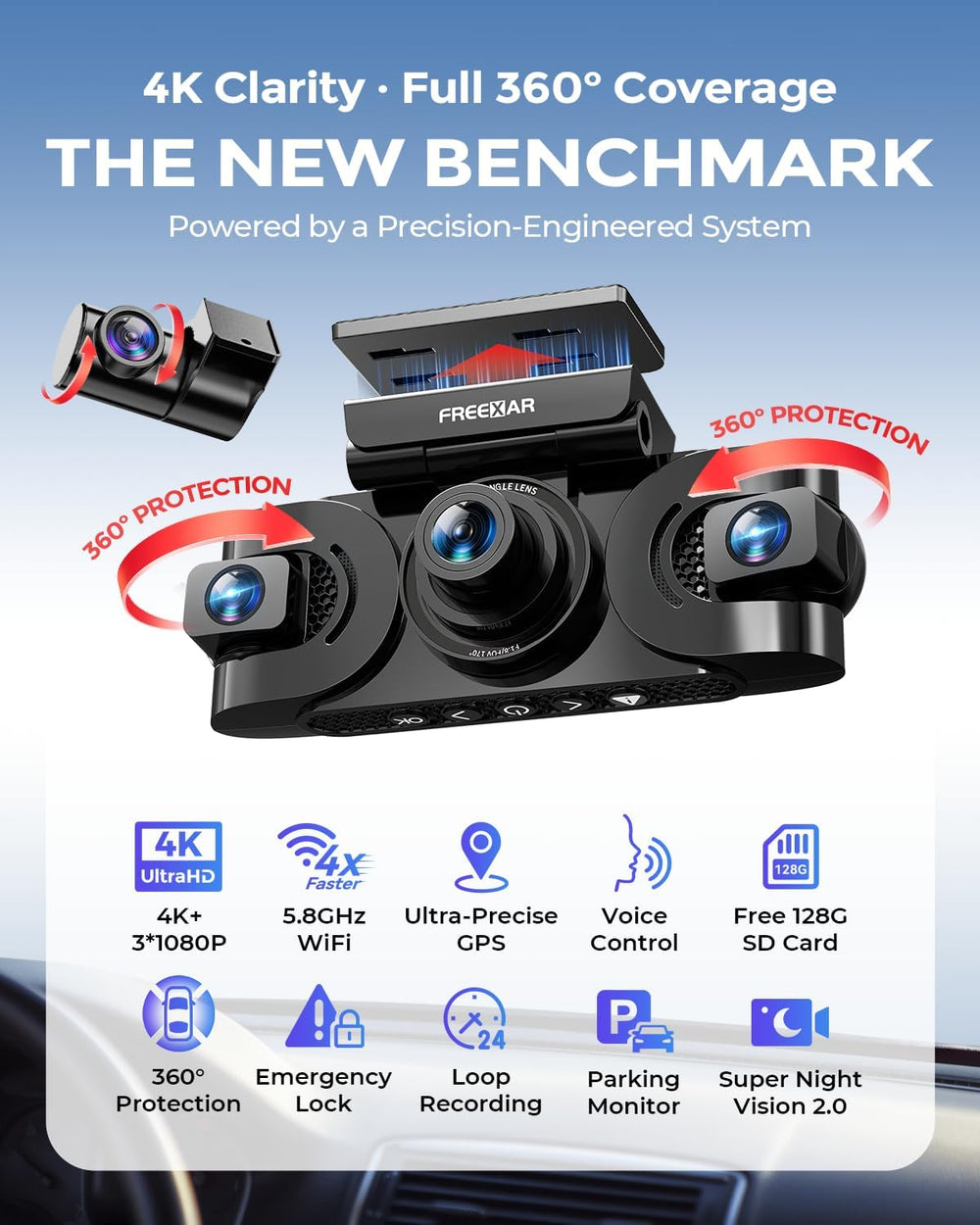4K 360ยฐ Dash Cam with 128GB Card, 4-Channel Dash Camera for Cars