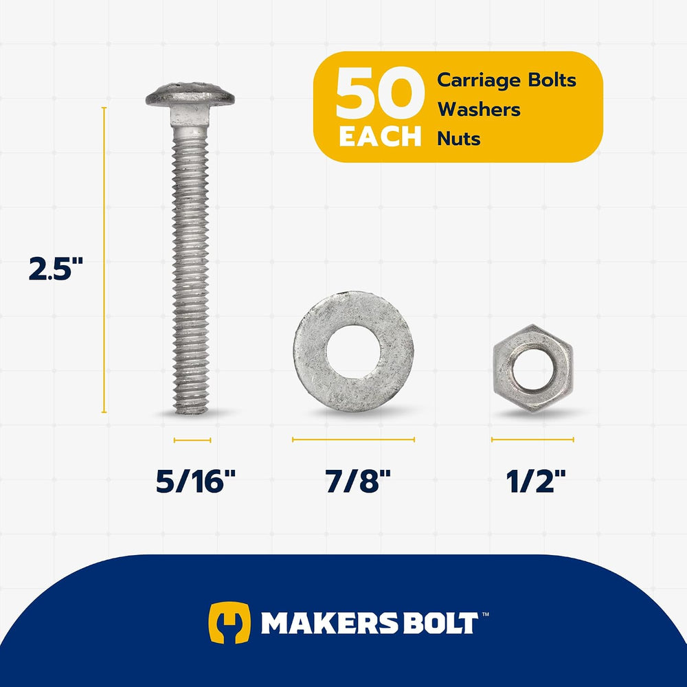 5/16" x 2-1/2" (50 Pack) Galvanized Carriage Bolt Kit Grade 307A In...