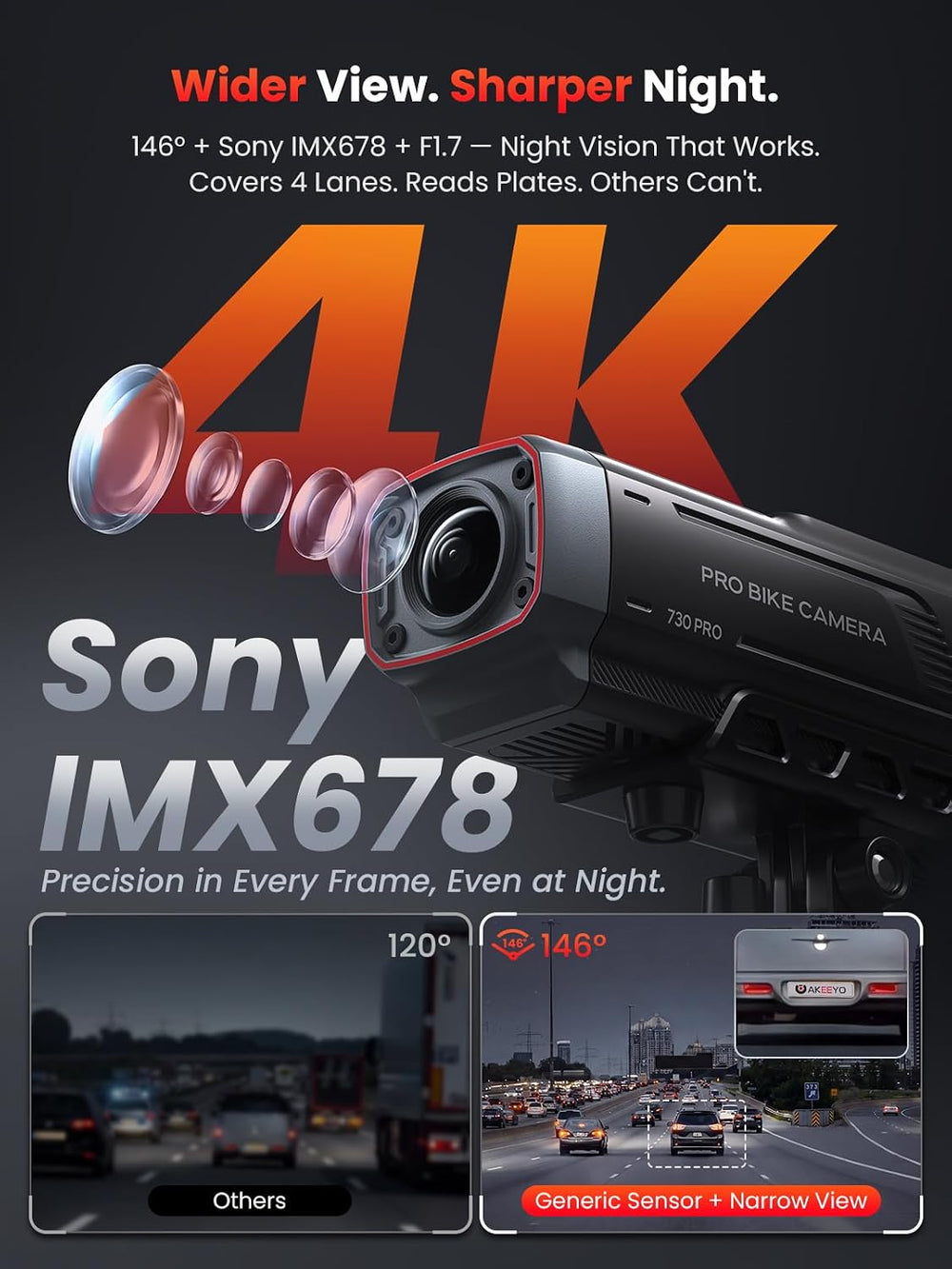 AKEEYO 730Pro 4K Motorcycle & Bike Dash Cam, IMX678 Night Vision, 146° Wi...