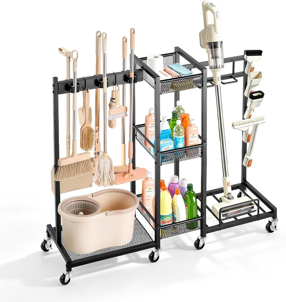 VEVOR Broom Holder with Cleaning Supplies Organizer, Metal Garage Storage