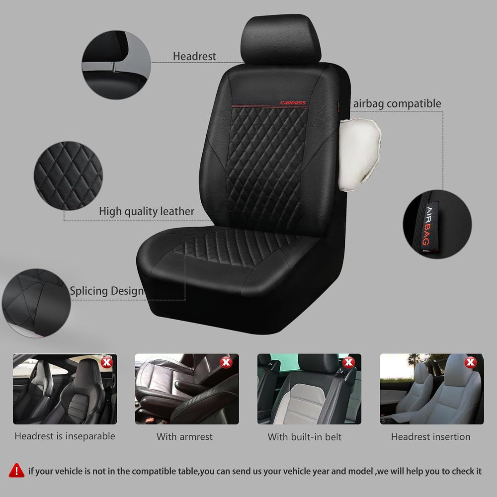 CAR PASS Quilting Leather Seat Cover Two Front Seats Only, Universal Fit Auto...