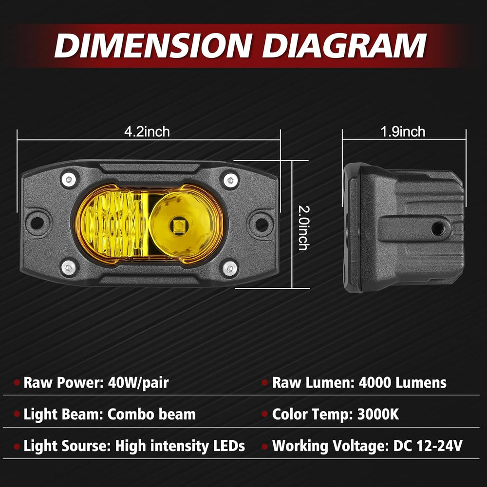 Yellow LED Pods Flush Mount Off Road Lights Driving Fog Light Bar