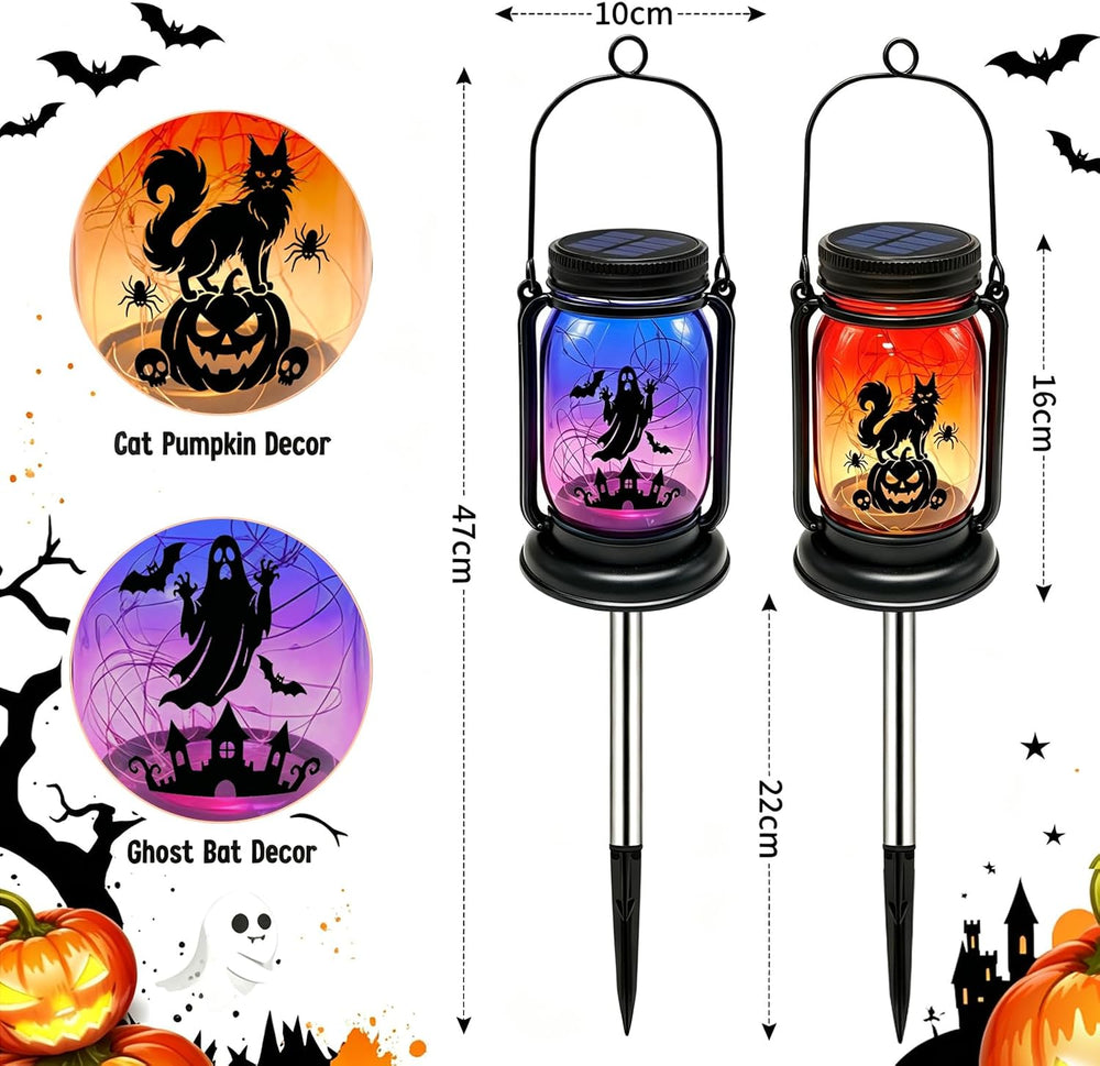 Halloween Solar Lanterns-Ghost &Cat Pumpkin Decor Hanging Mason Jar Lights