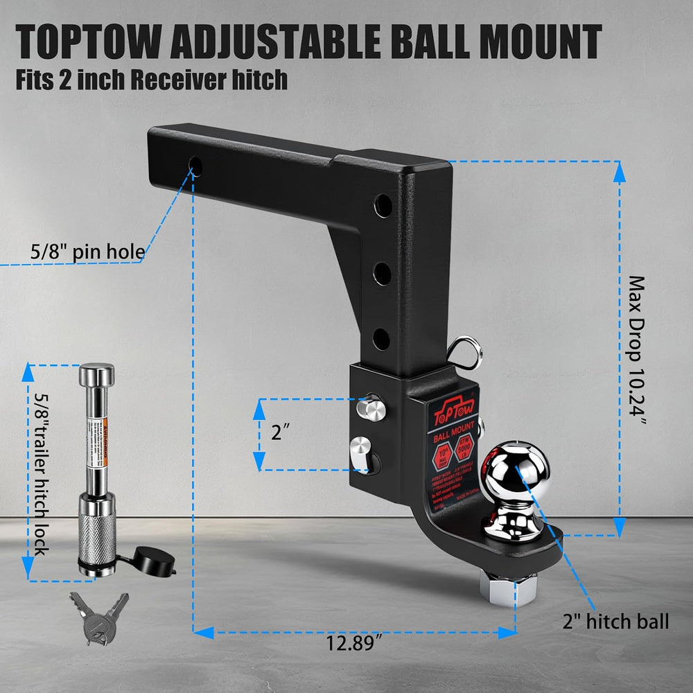 TOPTOW AdjustableTrailer Hitch Ball Mount with 2-inch Hitch Ball, 5/8 inch Hi...
