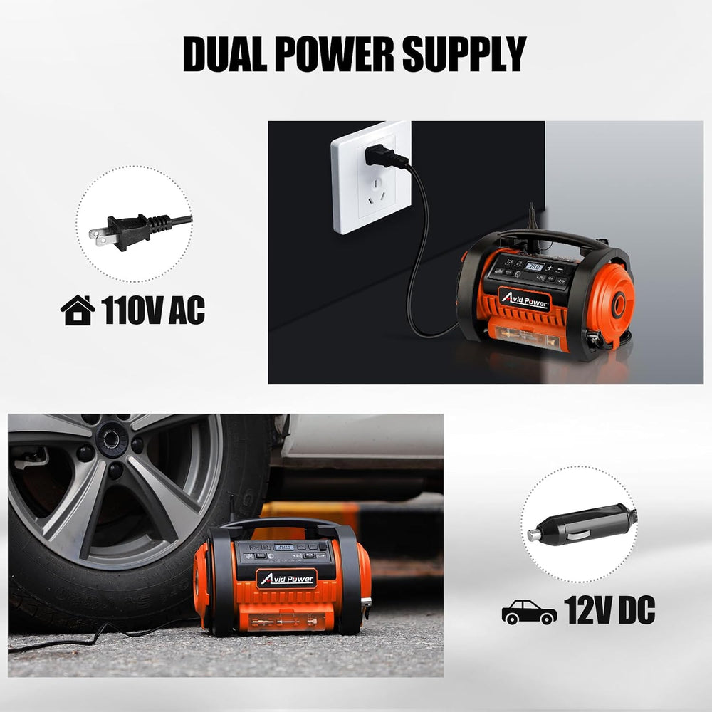 AVID POWER Portable Tire Inflator Air Compressor, 110V AC/12V DC Air Pump
