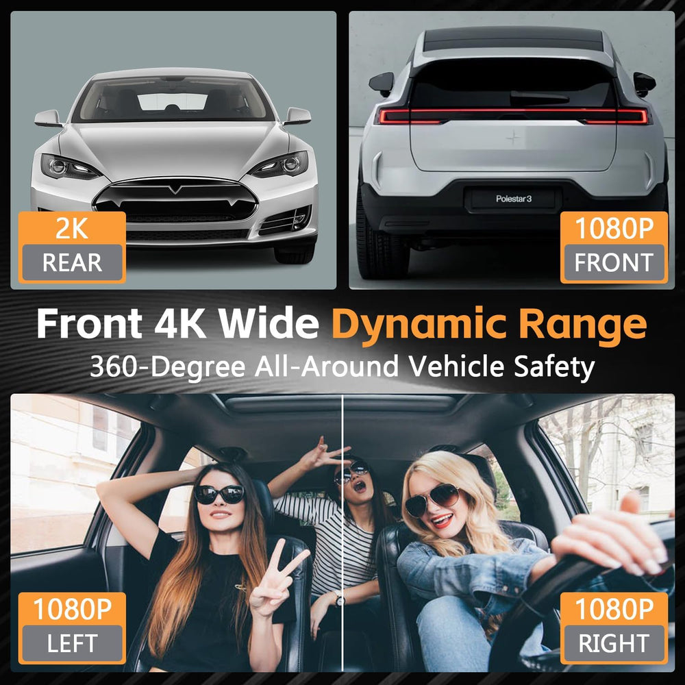 4 Channel 360ยฐ Dash Cam Front and Rear Inside, 64GB Card Included