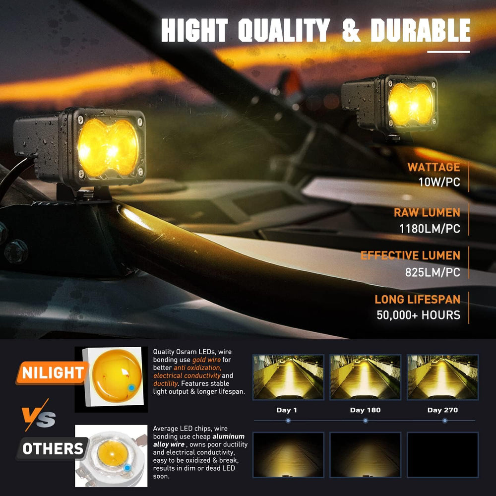 Nilight 3Inch Amber LED Light Pods 2PCS 10W Super Spot Fog Lights Auxiliary D...