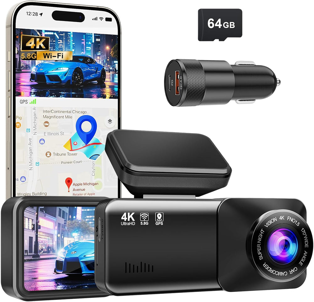 4K Dash Cam Front, Built-in 5.8G WiFi, Free 64GB Card & 48W A+C Car Charger