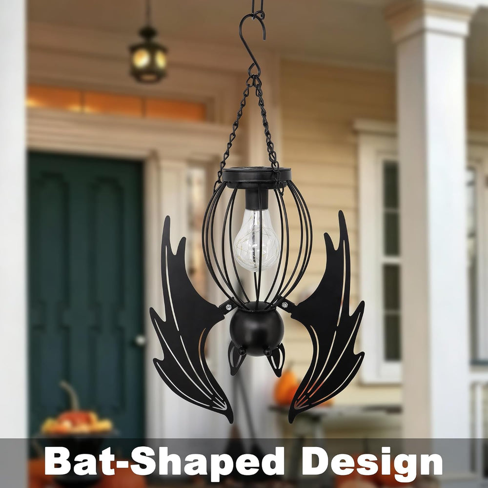 Halloween Bat Lantern 19.5in Iron Upside-Down Hanging Solar Light