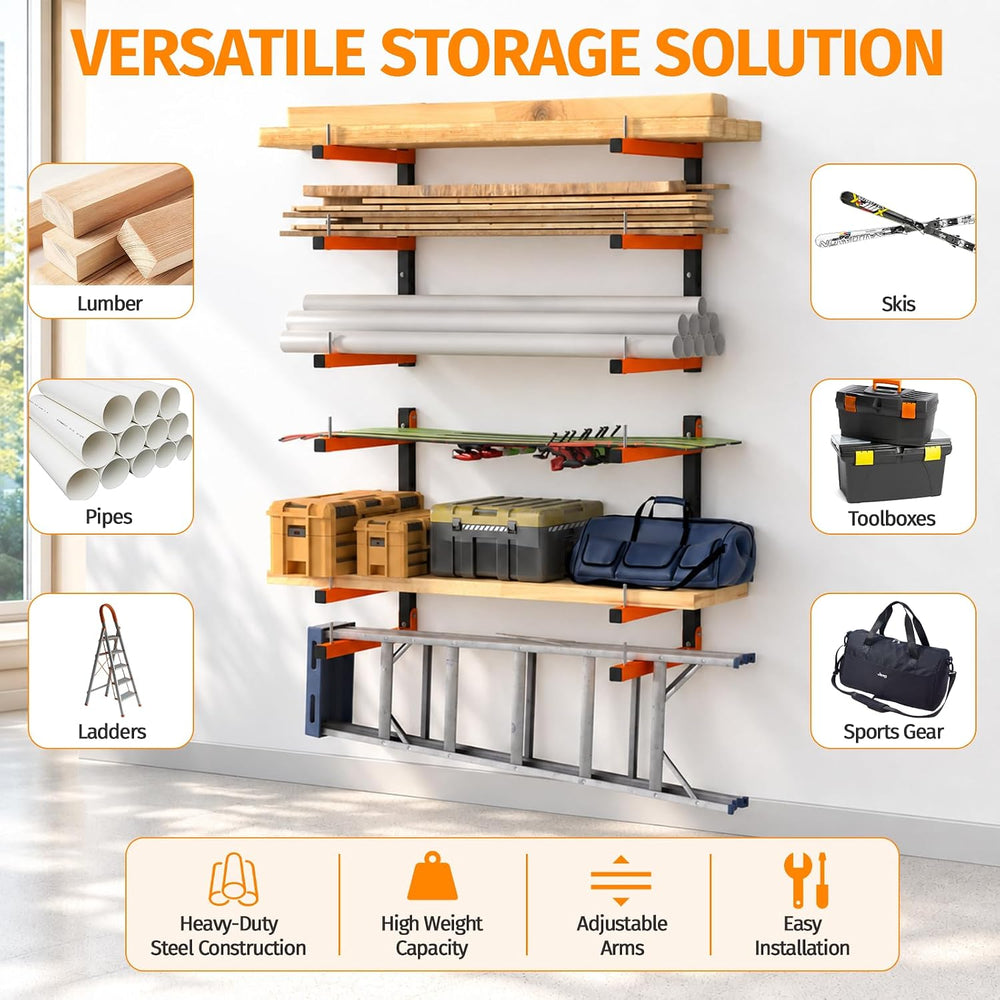 6 Pack Lumber Storage Rack Wall Mount, 1980LBS Heavy Duty Wood Rack- Orange