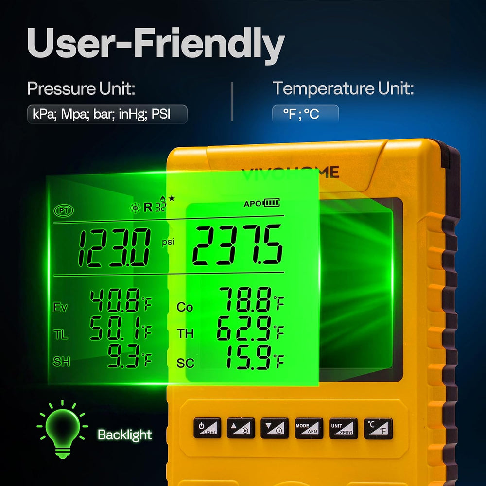 VIVOHOME Digital HVAC Manifold Gauges with 2 Wired Temperature Clamp Probes