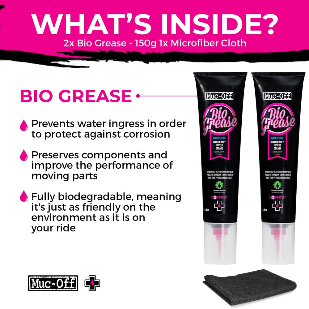 Muc-Off Bio Grease 150g (Pack of 2) with Microfiber Cloth | Premium Bike Grea...