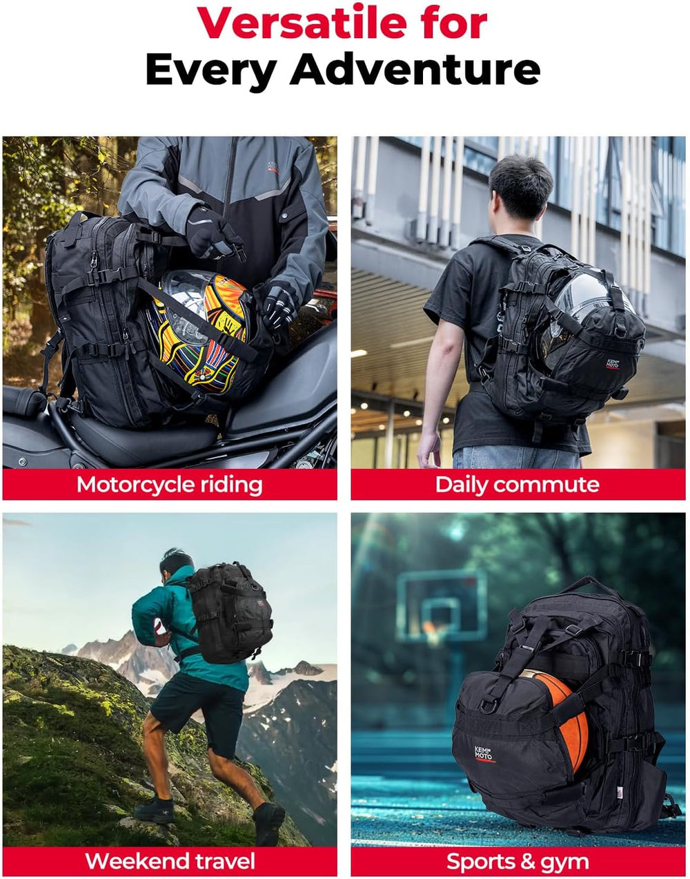 KEMIMOTO Motorcycle Helmet Backpack, 37L Large Capacity Helmet Bag with USB C...
