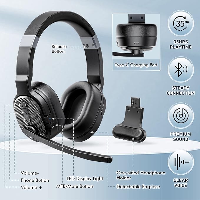 Trucker Bluetooth Headset with Dongle, Wireless Headsets with Noise Cancelling