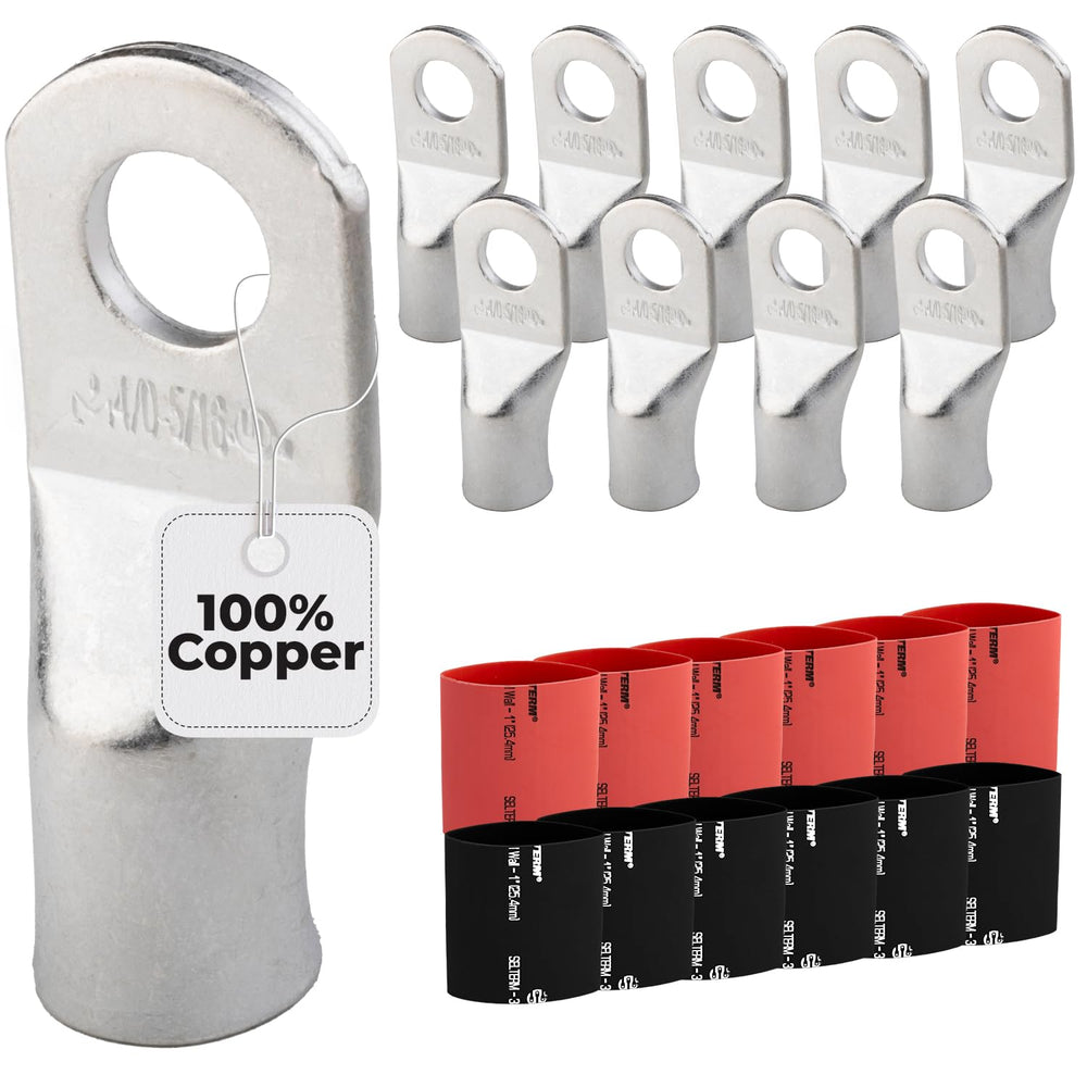 10pcs, 4/0 Awg, 5/16" Stud Marine Grade Tinned Copper Battery Lugs