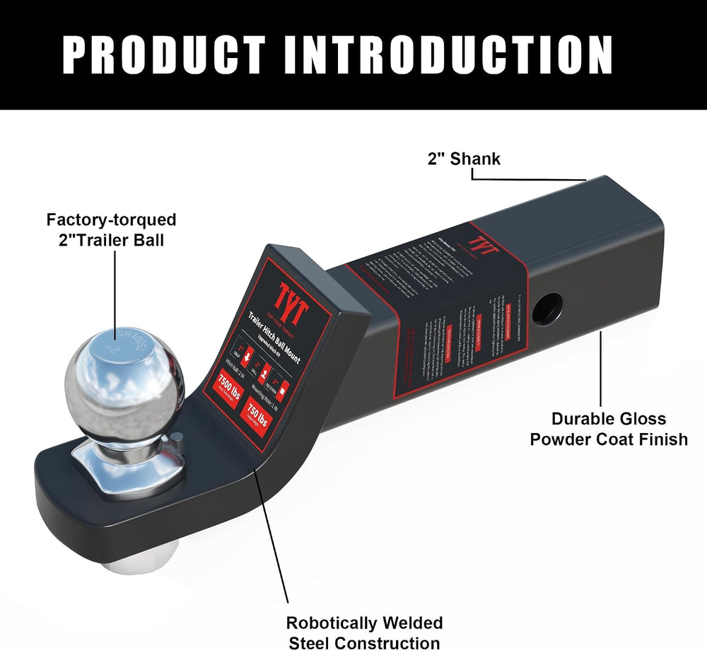 TYT Trailer Hitch Ball Mount with 2 Inch Ball & Pin, Fits 2 Inch Receiver...
