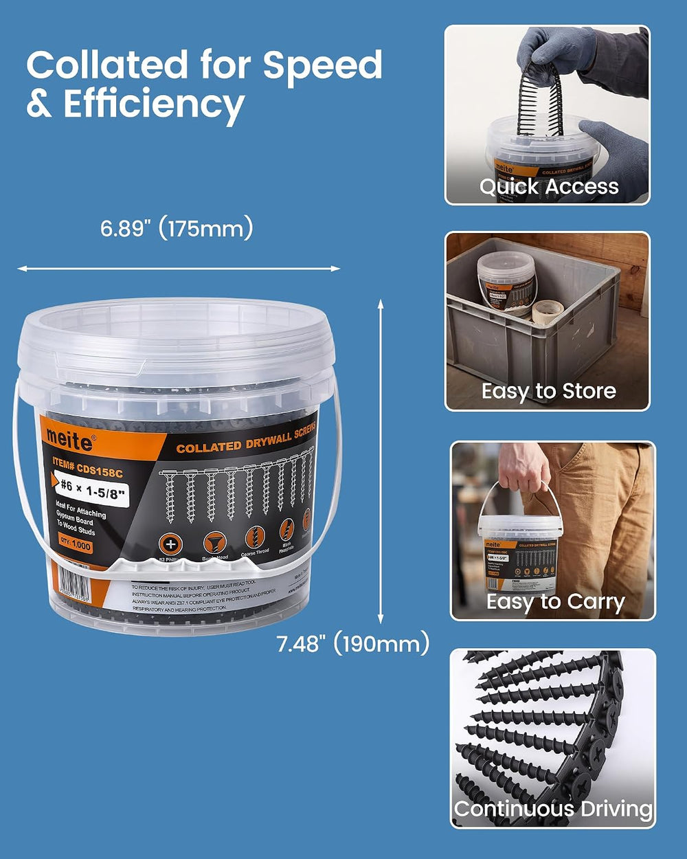 meite Collated Drywall Screw #6 x 1-1/4 inch Coarse Thread Drywall to Wood Sc...