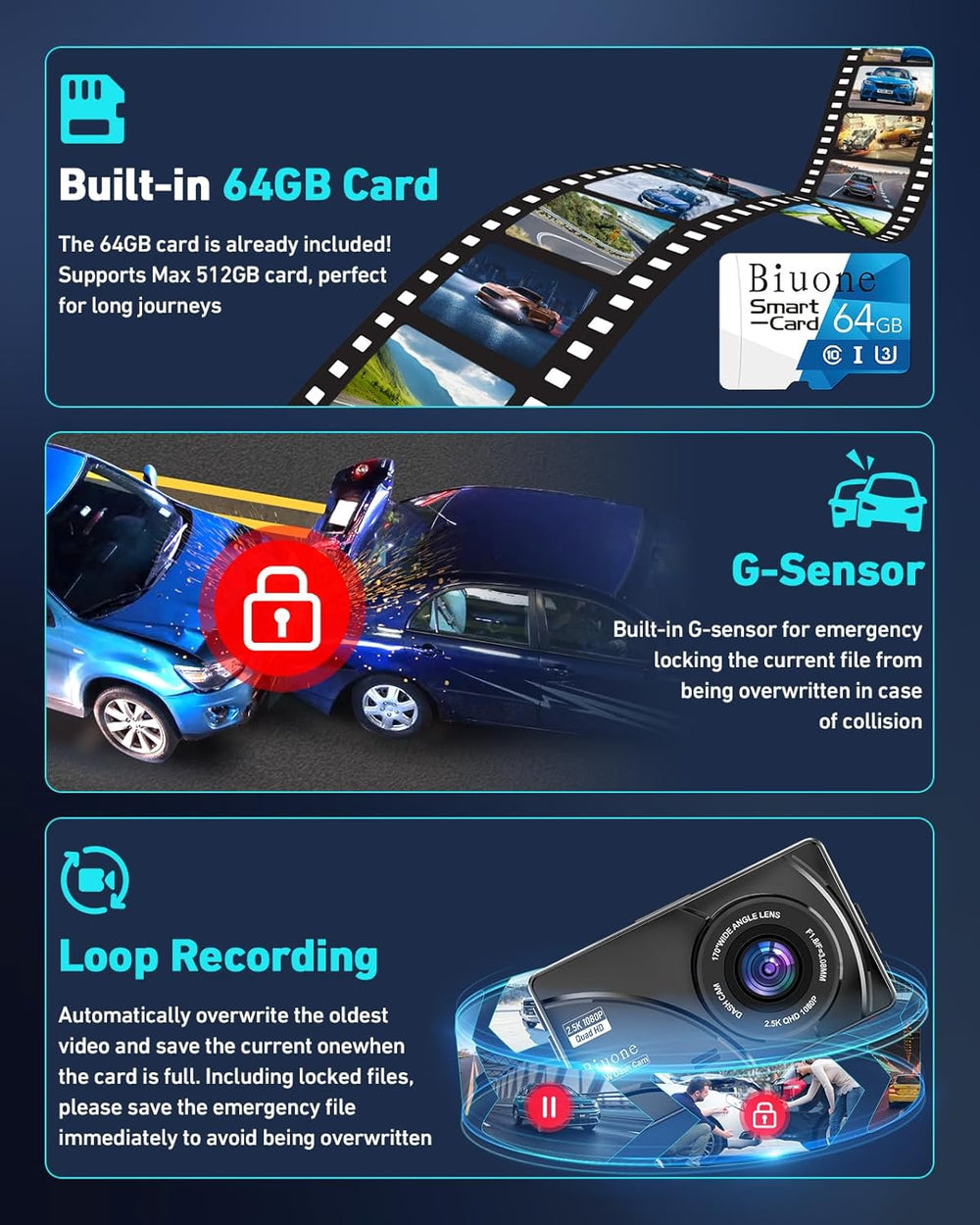 Dual Dash Cam, 2.5K Front, 1080P Rear, 5G WiFi, 64GB Card
