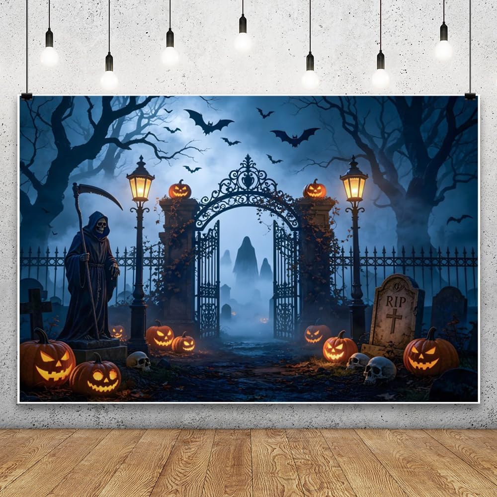 Halloween Graveyard Backdrop Misty Cemetery Skull Pumpkin Lantern Haunted Hou...