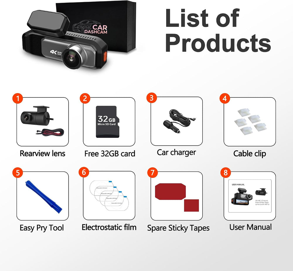 4K+4K Dash Cam Front and Rear, 5.8GHz WiFi 6, Night Vision, Free 32GB Card