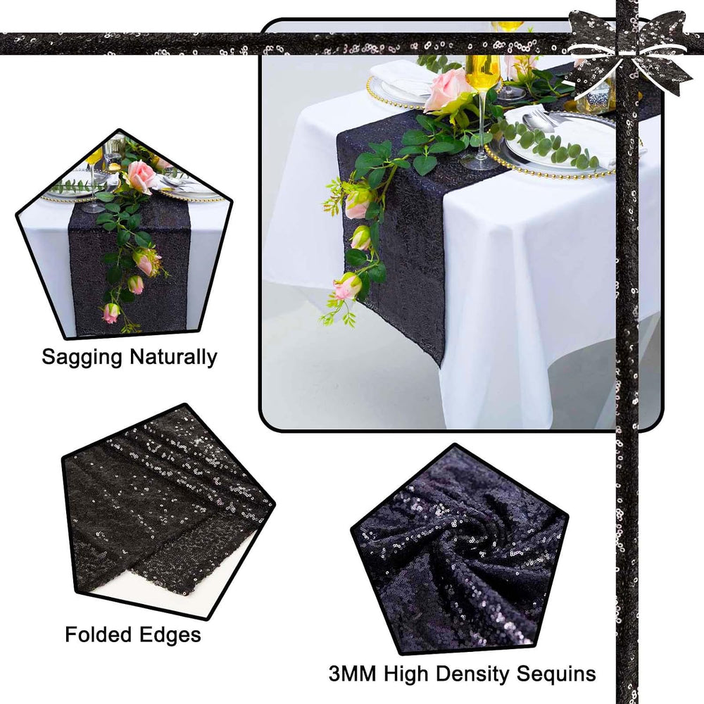 6 Pack Black Sequin Table Runner 12x108 Inch, High Density Sparkly Glitter Ta...