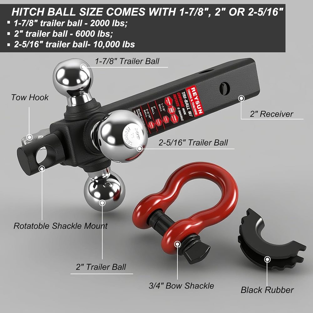 Trailer Hitch Tri-Ball Mount: with Swivel Tow Shackle and Tow Hook, fits for ...