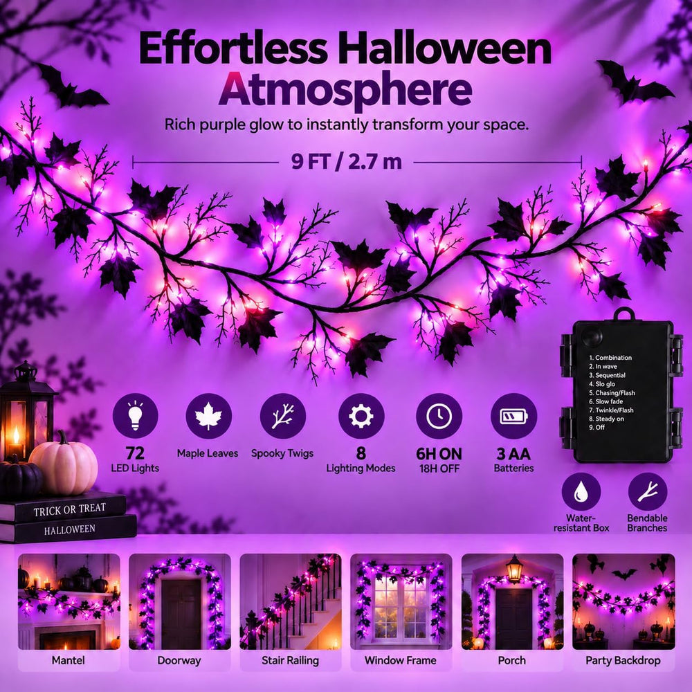 Halloween Garland with Purple Lights, 9 FT Black Maple Leaves, 72 LEDs