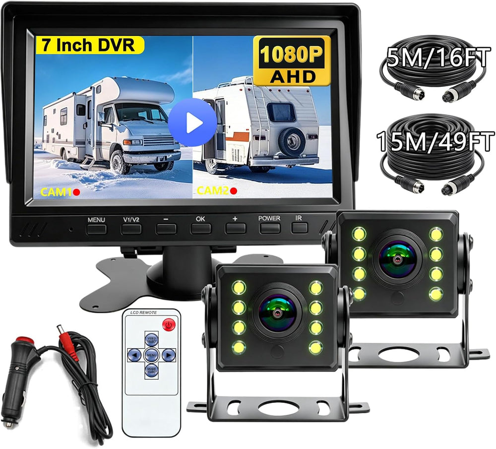 AHD 1080P Truck Camera 7" Monitor 2 Cameras Dash Cam for Semi RV