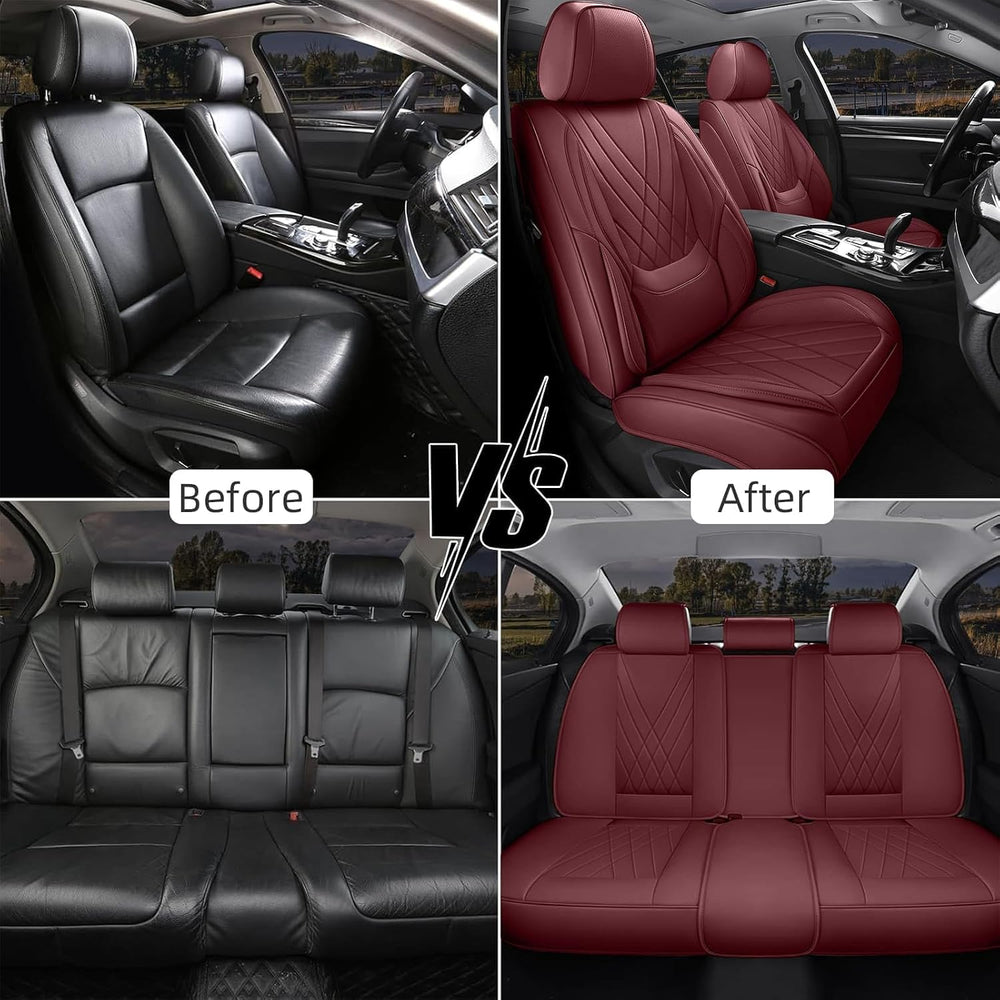 Leather Car Seat Covers Full Set Women Luxury Burgundy Non-Slip Seat Covers