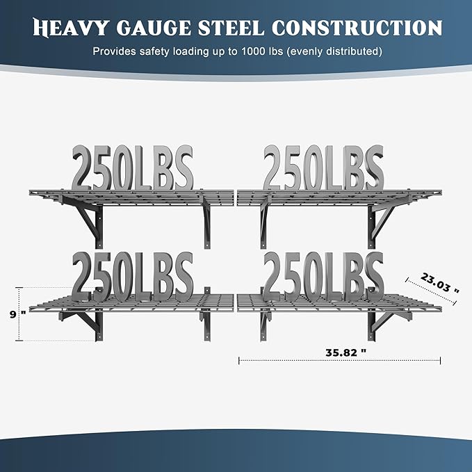 4 Pack Heavy Duty Garage Wall Shelving Set, Wall Mounted Garage Shelves 1000lbs