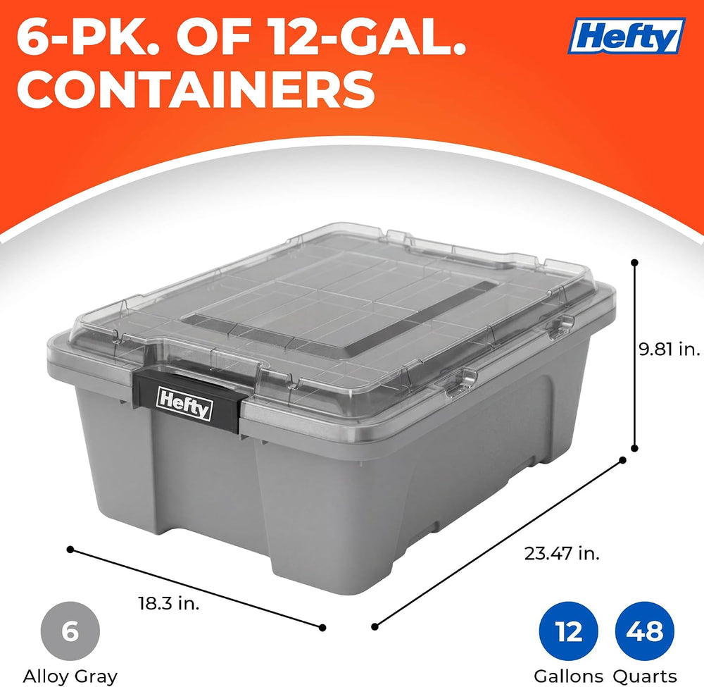 Hefty MAX Pro 12 Gal Storage Bins with Clear Lids, Stackable, 6 Pack, Grey