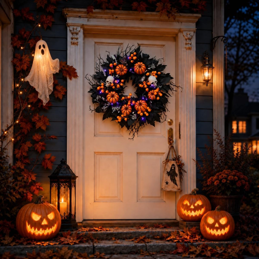 20" Halloween Wreath for Front Door, Black Gothic Spooky Outdoor Dรฉcor
