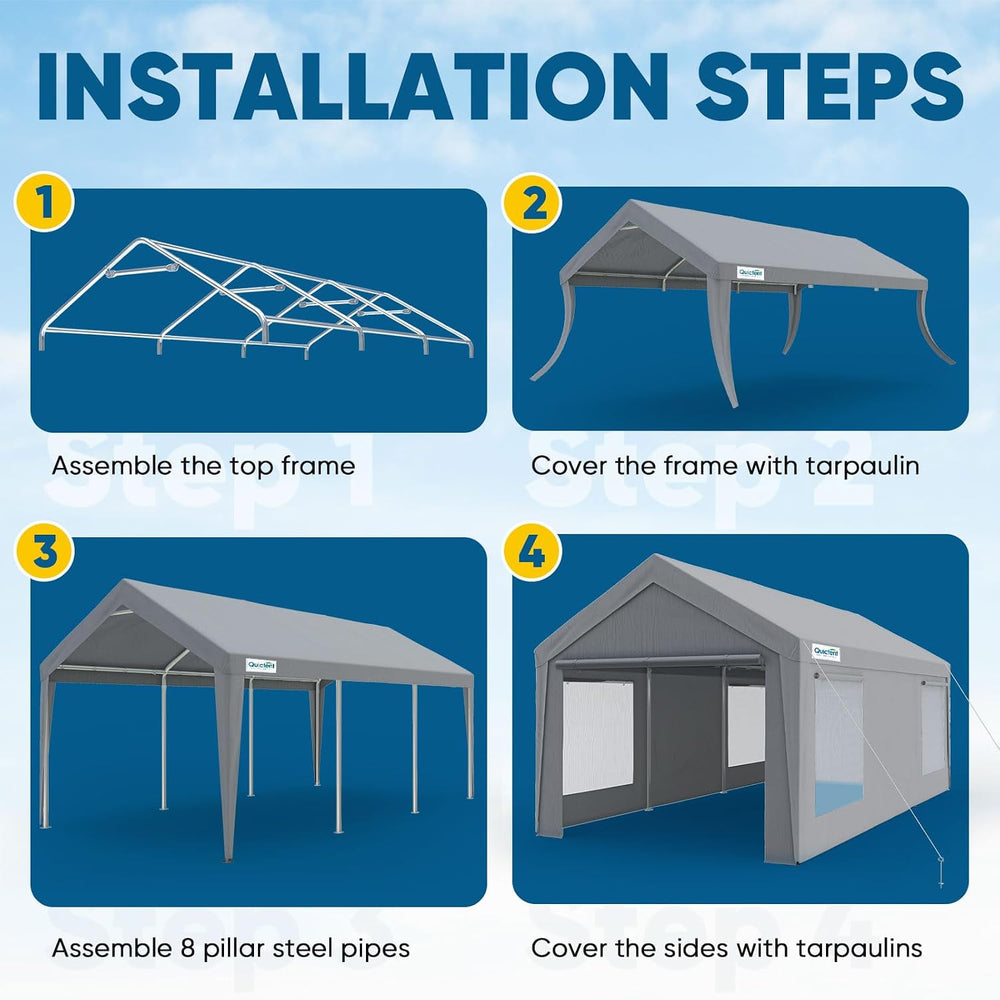 Quictent 10x20 ft Heavy Duty Carport, Reinforced Galvanized Outdoor Garage Ca...