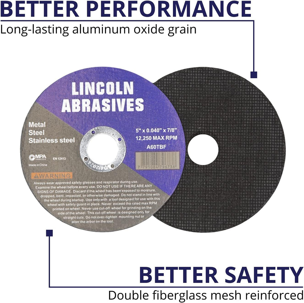 100 Pack 5" Cut-Off Wheels Lincoln Abrasives .040" Metal & Stai...