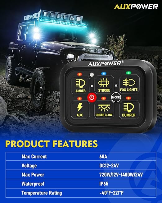 Auxpower 6 Gang Switch Panel Toggle Momentary Pulsed Led Switch Panel RGB