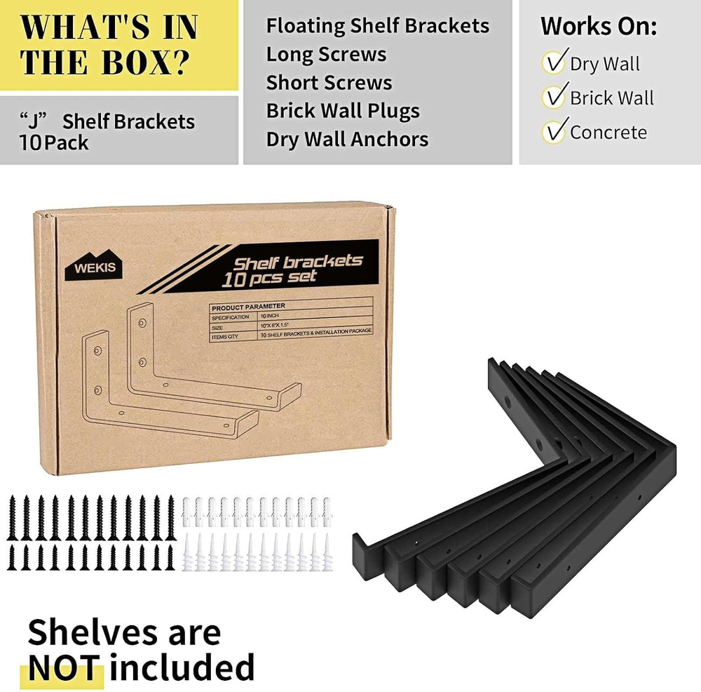 WEKIS Shelf Bracket, Heavy Duty Floating Shelf Brackets 10-Inch Long, 10-Pack...