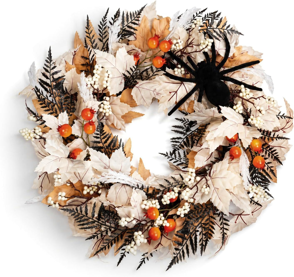 24" Halloween Wreath for Front Door with Spider, Maple Leaf