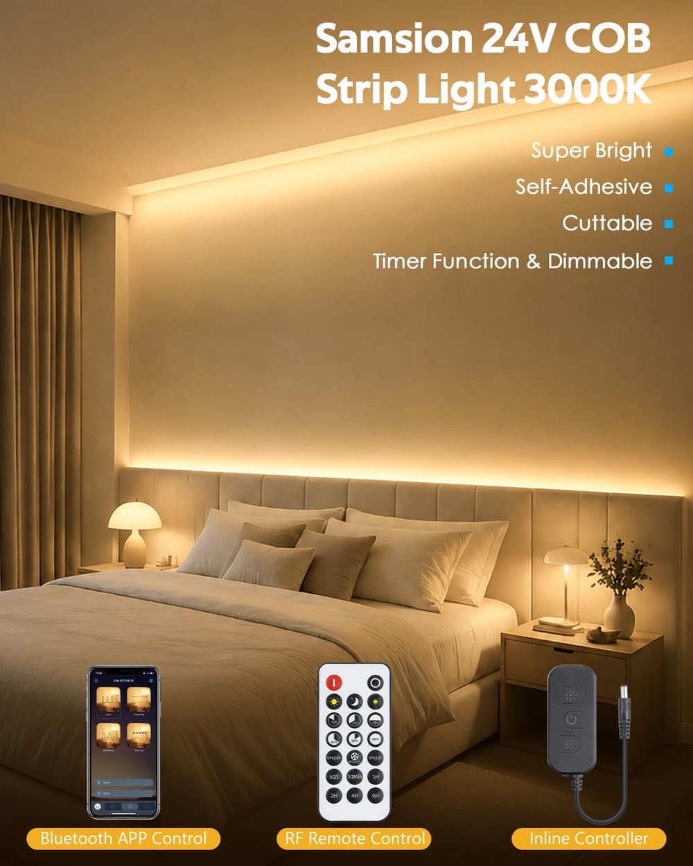 Adhesive COB LED Strip Lights 100ft Dimmable with Remote Warm White 3000K