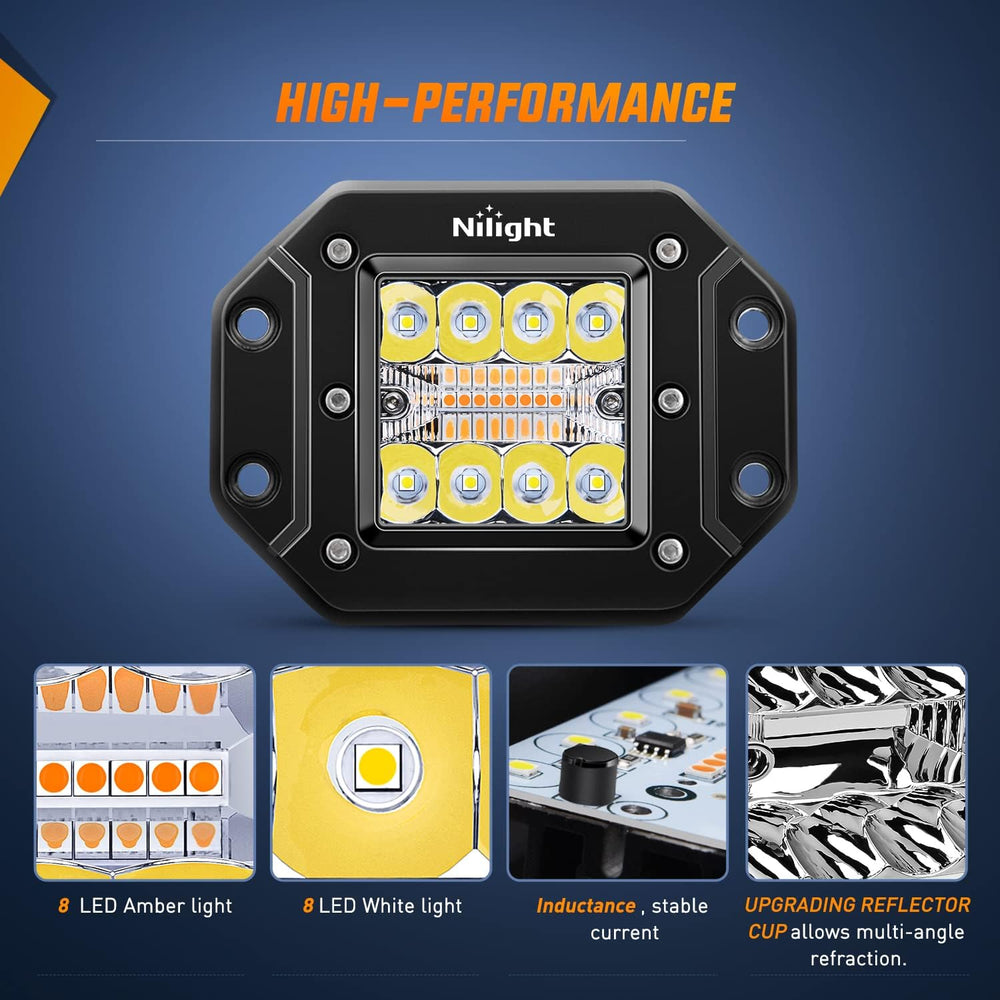 Nilight 2PCS 42W Light Pods Flush Mount Spot Flood Amber White Strobe 6 Modes...