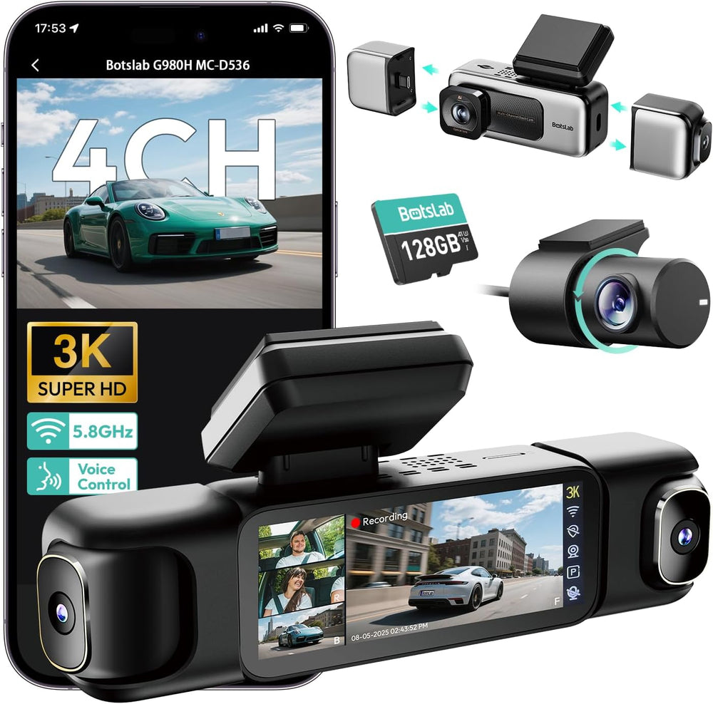 BOTSLAB 4 Channel 360ยฐ Dash Cam, 128GB Card, Voice Control, App Control