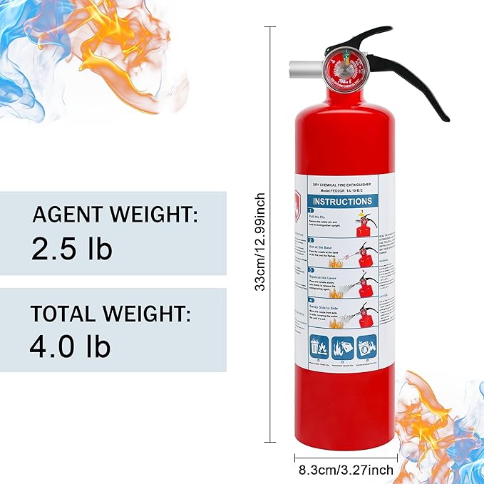 2 Pack ABC Dry Chemical Fire Extinguishers, 2.5 lb 1A:10B:C Rating