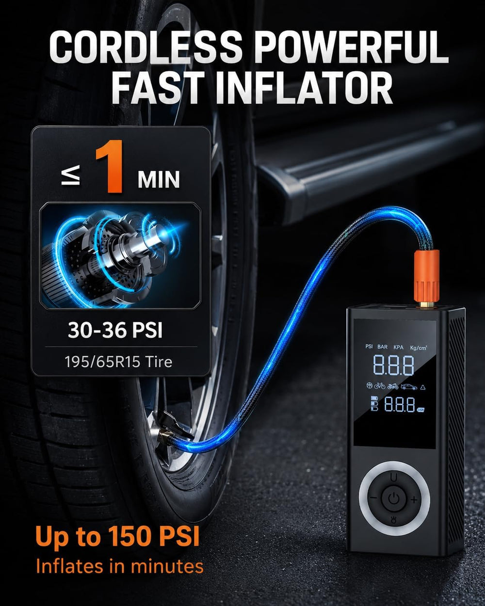 Tire Inflator Portable Air Compressor, 150 PSI Smart Air Pump with Digital Pr...