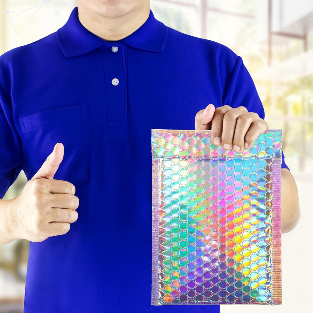 100 Pack Metallic Bubble Mailers 3 Sizes Holographic Padded Bubble Rainbow Po...